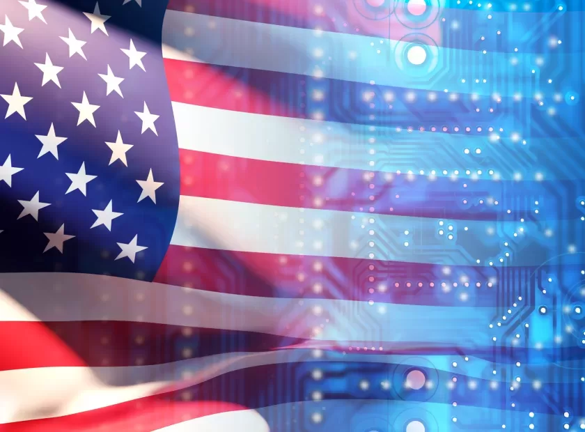 Usa,Flag,With,Circuit,Board,Lines.,Procurement,Microelectronics,United,States