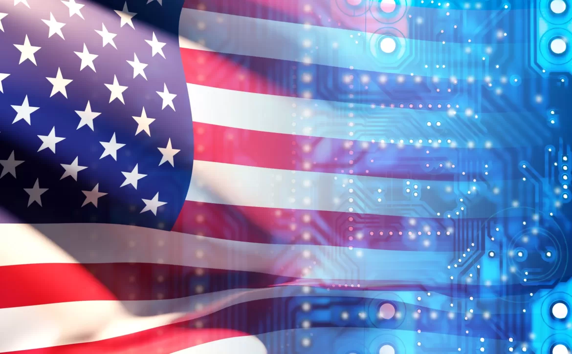 Usa,Flag,With,Circuit,Board,Lines.,Procurement,Microelectronics,United,States